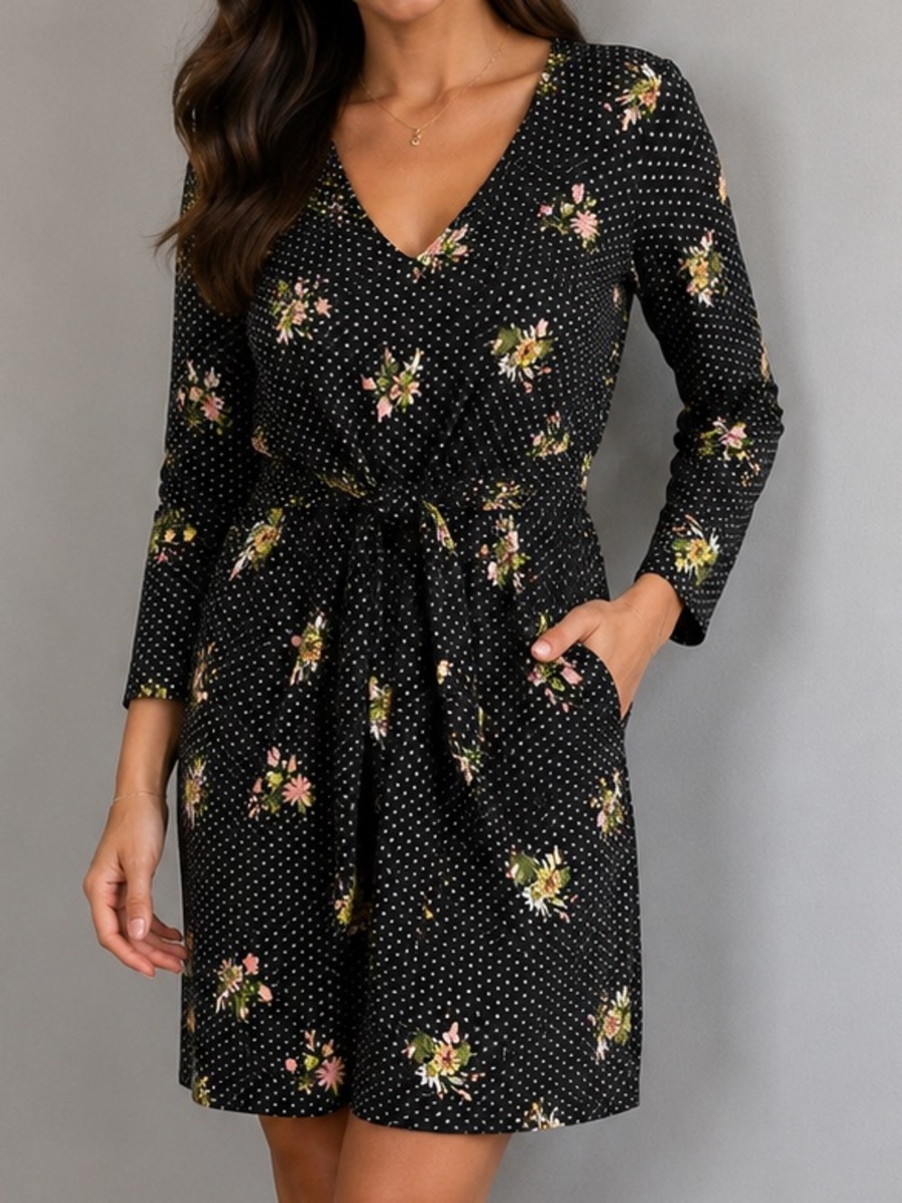 NWT Dex Floral Polka Dot Twist Front Dress Black Long Sleeve Size XS